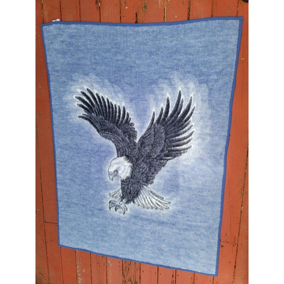 Vintage Biederlack Blanket Bald Eagle Bird Reversible 58” x 70” Blue Black Gray - Picture 1 of 5
